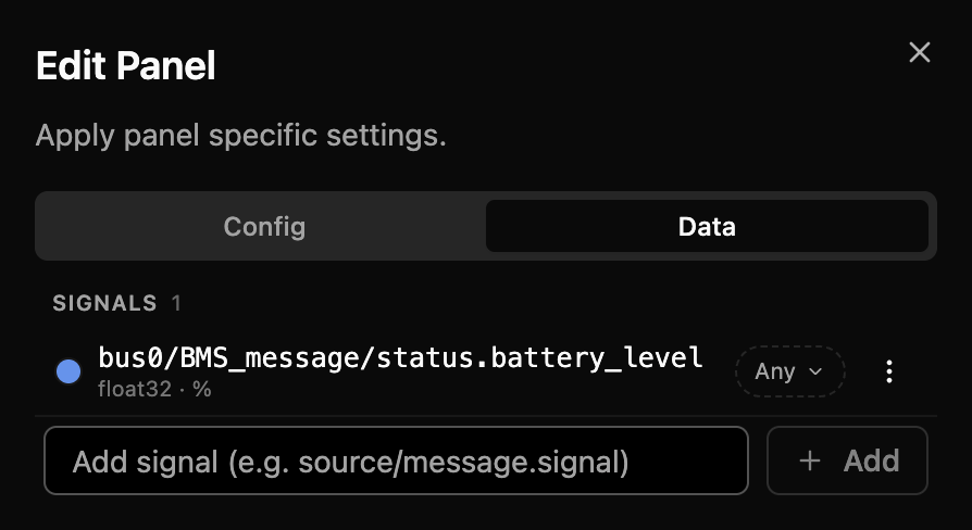 Plot panel Data tab with a configured signal row