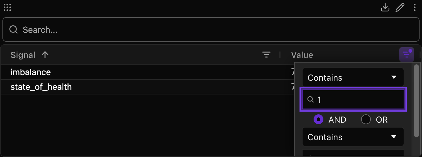 Table column filter