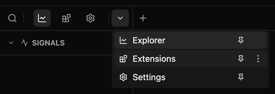 All views menu with pin and options actions