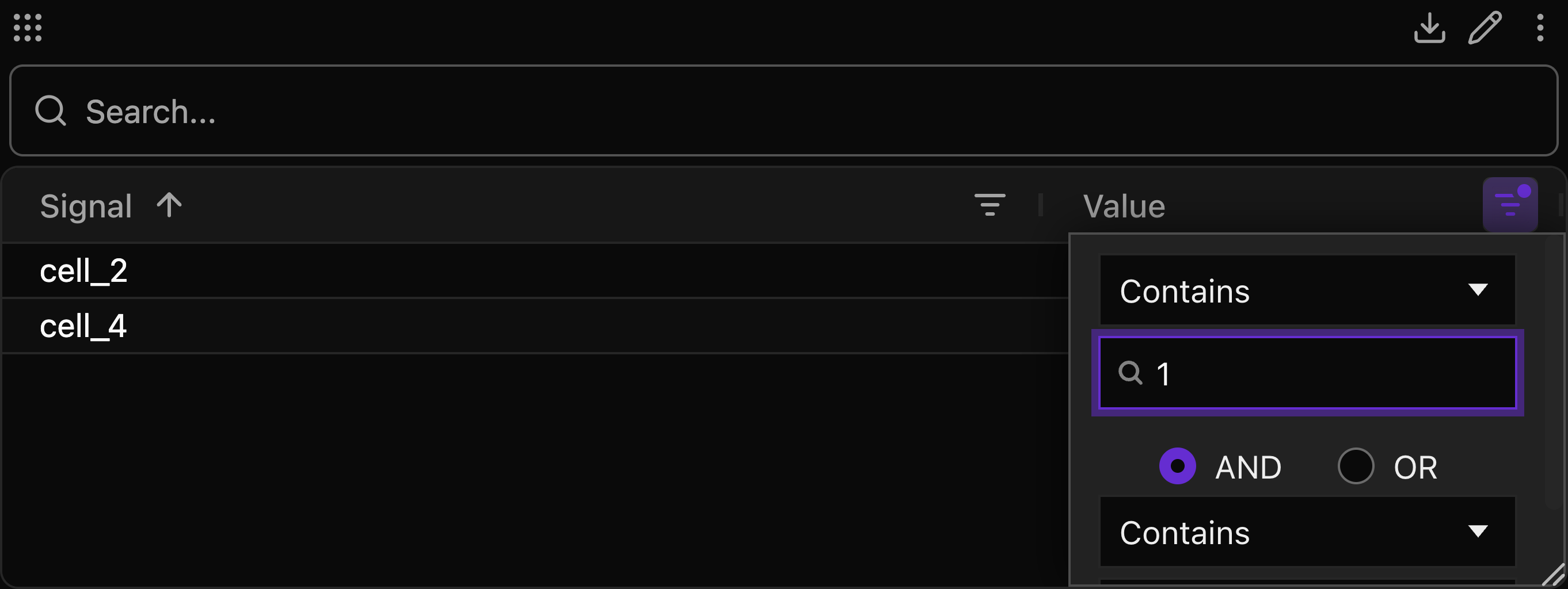 Table column filter
