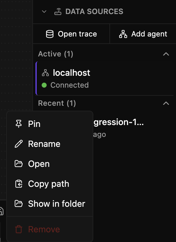 A recent trace row in the Data view with its menu open