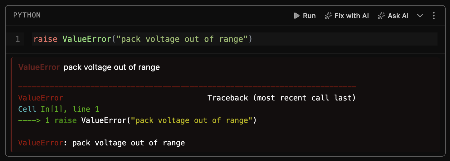A failed Python cell with Fix with AI and Ask AI in its toolbar