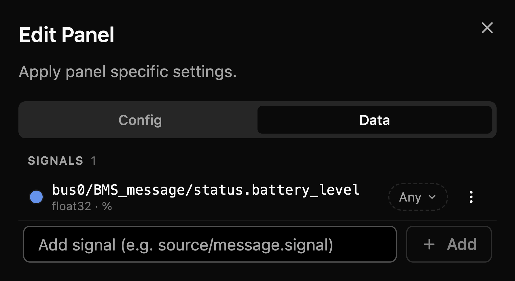 Plot panel Data tab with a configured signal row