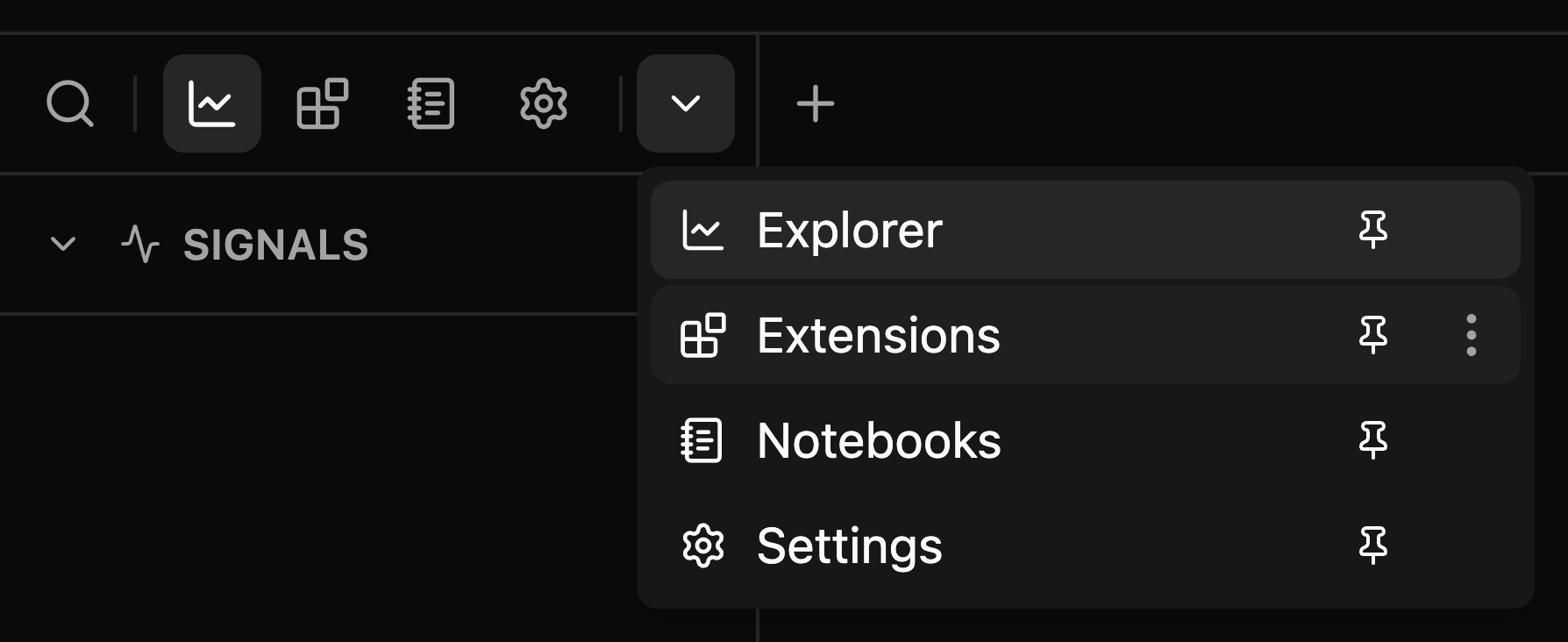 All views menu with pin and options actions