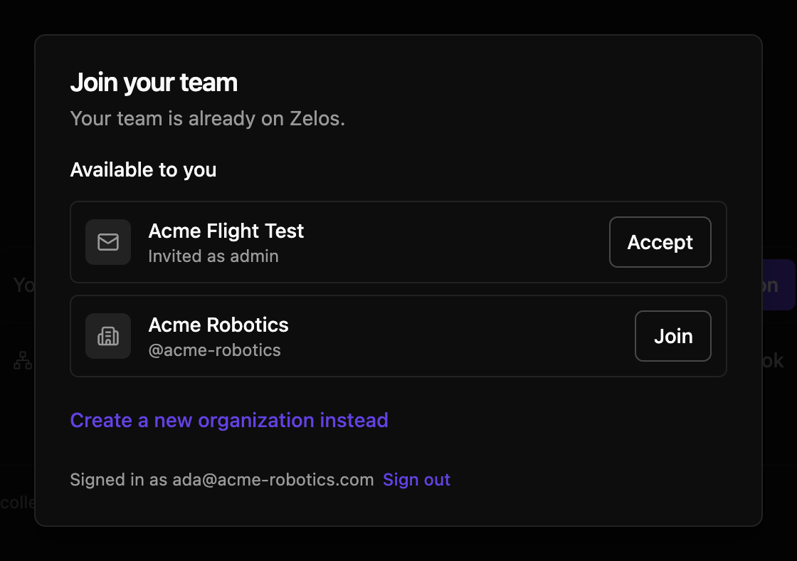 An invitation and a one-click join, with the option to create instead