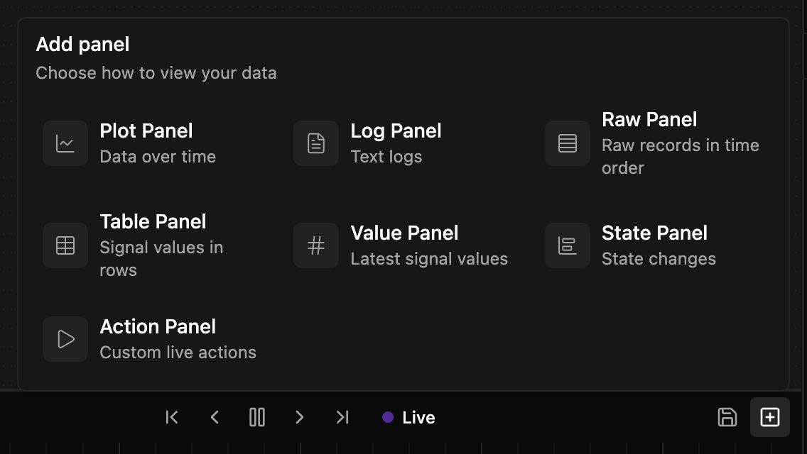 Add Panel picker showing the available panel types